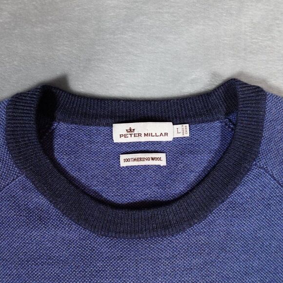 Peter Millar Merino Wool Knit Sweater Mens L Suede Elbow Patch Blue - Picture 3 of 7